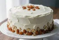 Best Ever Almond Cream Cake slice with whipped almond frosting and toasted sliced almonds, styled on a white plate.