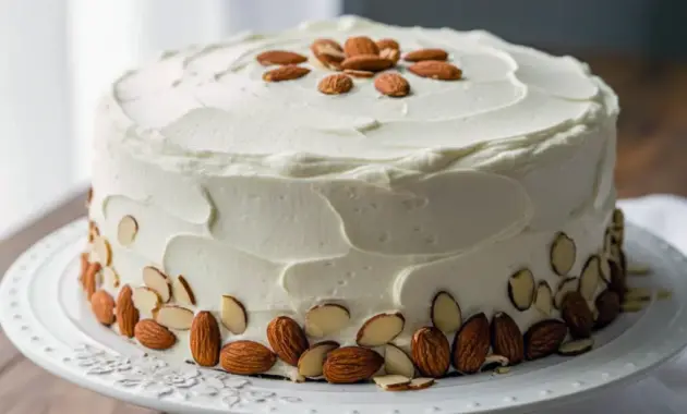 Best Ever Almond Cream Cake slice with whipped almond frosting and toasted sliced almonds, styled on a white plate.