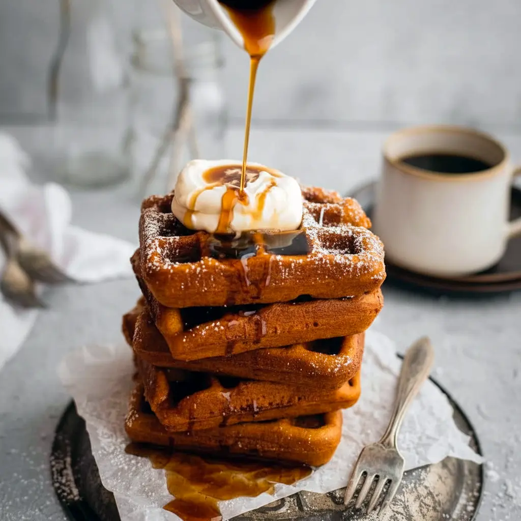 Stack of golden Best Gingerbread Waffles topped with whipped cream and syrup, styled for a cozy Christmas Breakfast Waffles spread.