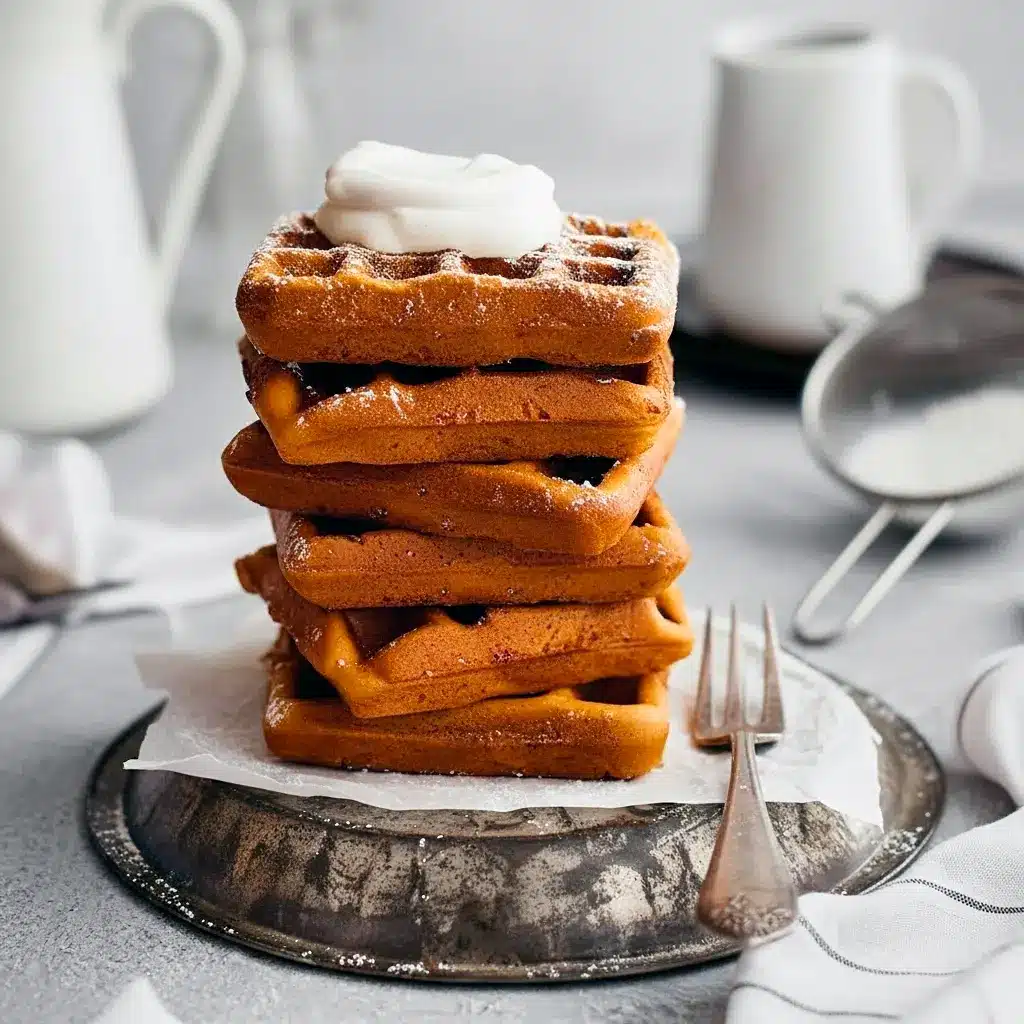 Stack of golden Best Gingerbread Waffles topped with whipped cream and syrup, styled for a cozy Christmas Breakfast Waffles spread.