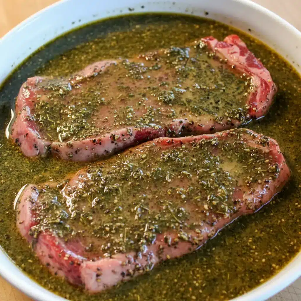 Jar of Steak Marinade beside raw steaks on a cutting board, with fresh herbs, lemon, and a small bowl of sauce ready for brushing on the grill.