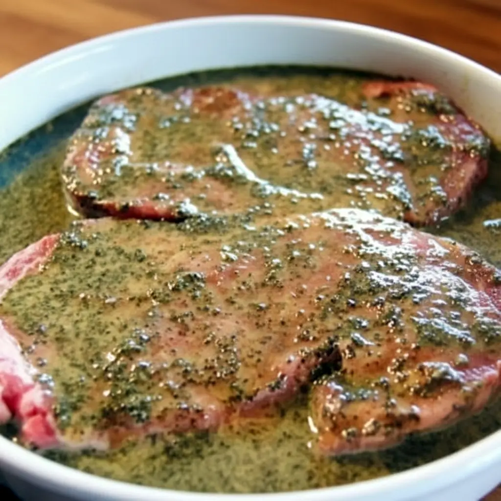 Jar of Steak Marinade beside raw steaks on a cutting board, with fresh herbs, lemon, and a small bowl of sauce ready for brushing on the grill.