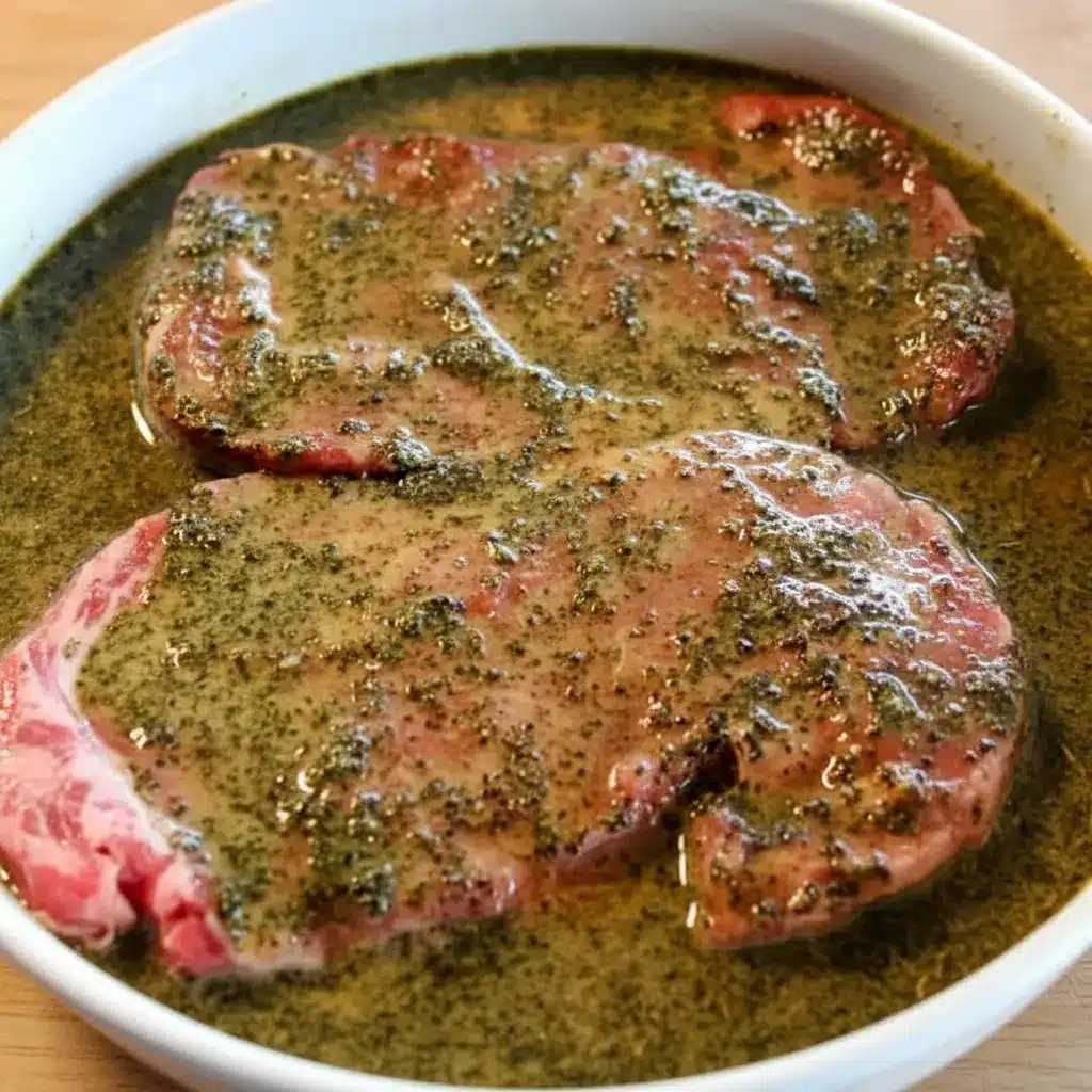 Jar of Steak Marinade beside raw steaks on a cutting board, with fresh herbs, lemon, and a small bowl of sauce ready for brushing on the grill.