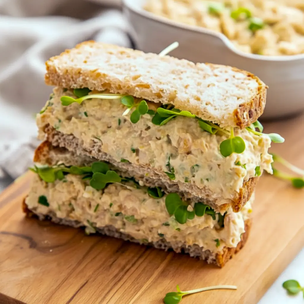 Open-faced chickpea salad sandwich on whole-grain bread topped with romaine, tomato slices, and chopped parsley, styled on a wooden board, Chickpea Sandwich Lunch Idea.