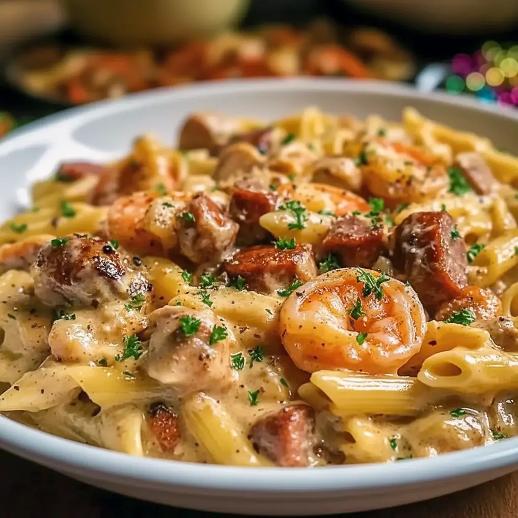 Close-up of a creamy Cajun pasta piled high with shrimp, chicken, and sausage — a festive plate made for Louisiana Meals, ideal for Cajun Christmas Food Ideas or classic Cajun Christmas Food, and a tasty example of Cajun Food Recipes Authentic, New Orleans Style Food.