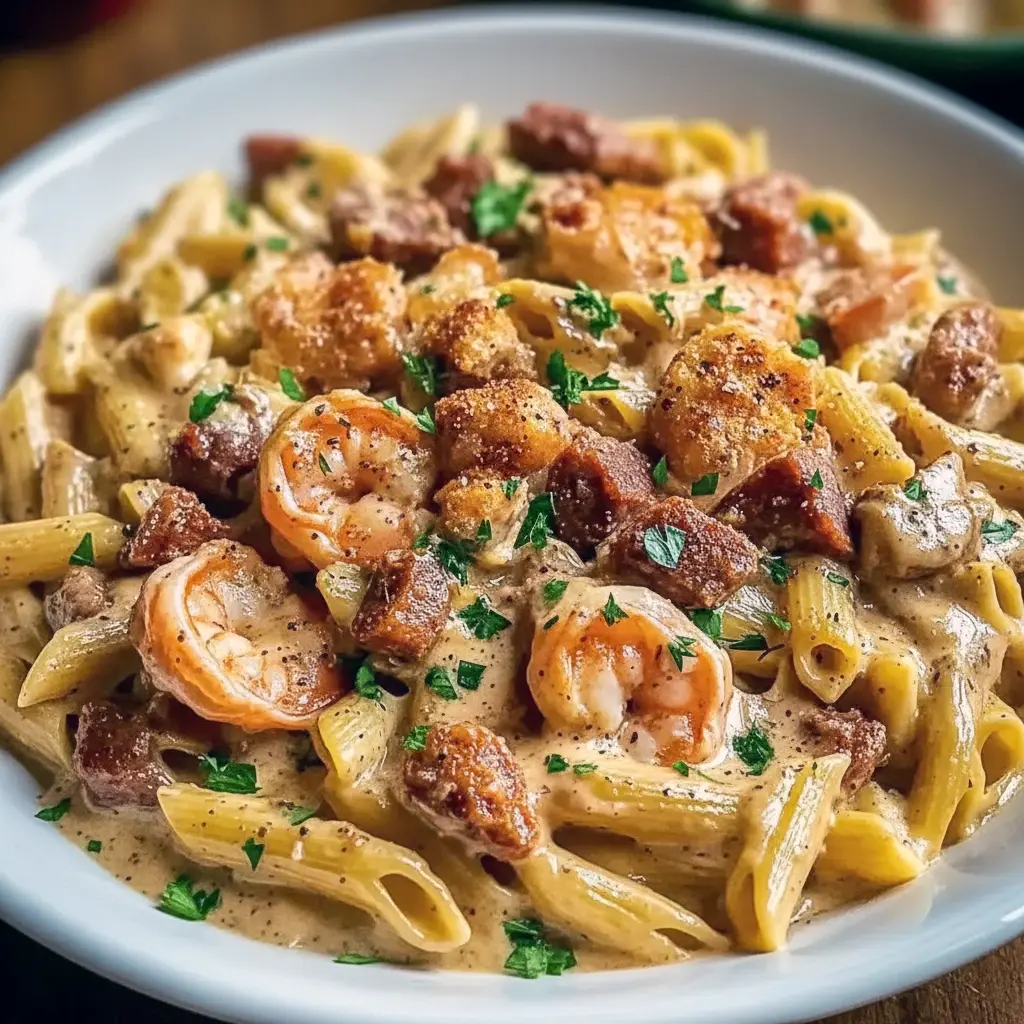 Close-up of a creamy Cajun pasta piled high with shrimp, chicken, and sausage — a festive plate made for Louisiana Meals, ideal for Cajun Christmas Food Ideas or classic Cajun Christmas Food, and a tasty example of Cajun Food Recipes Authentic, New Orleans Style Food.