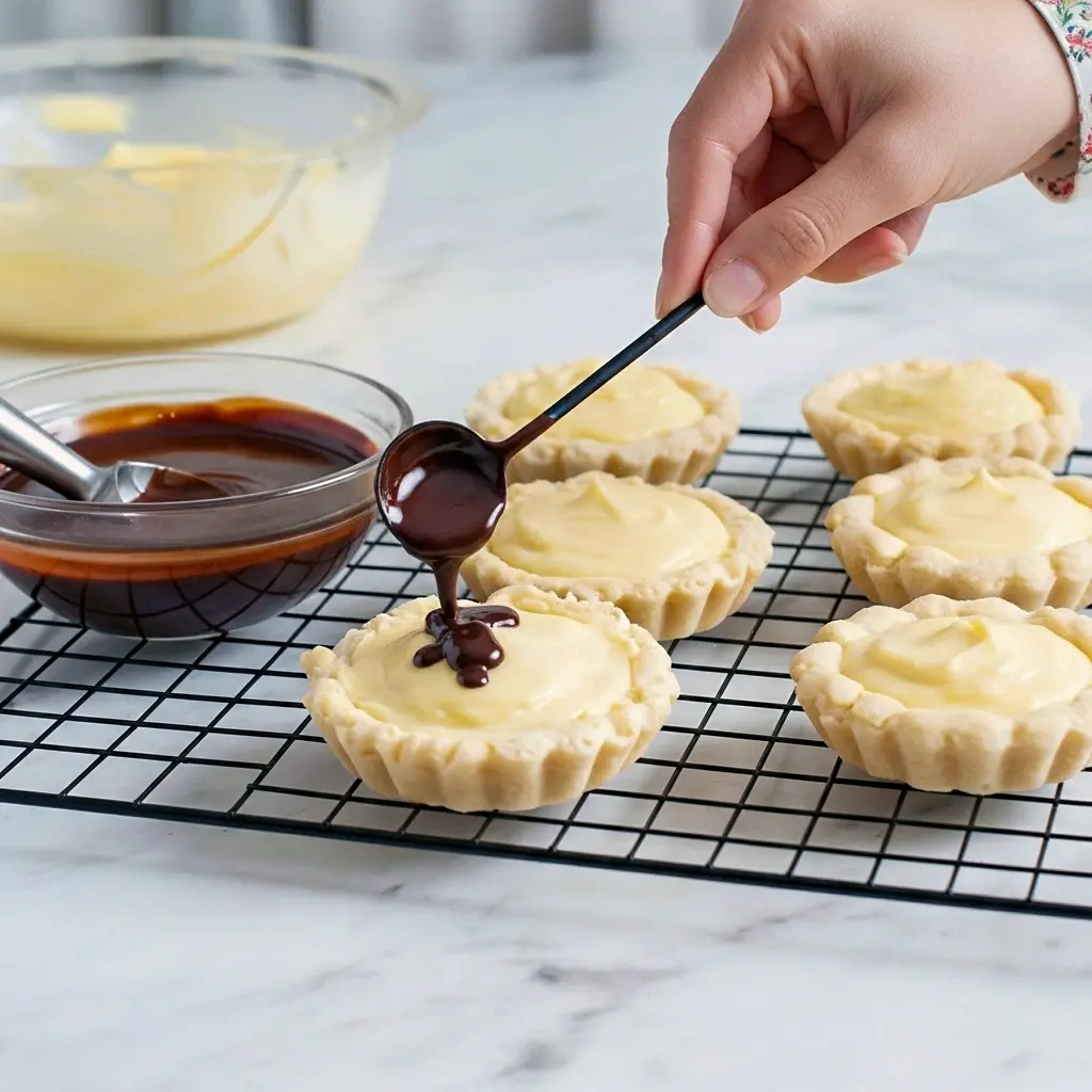 Tray of Boston Cream Pie Cookies: golden cookie cups filled with creamy custard and topped with shiny chocolate ganache — a dreamy example of The Best Cookie Recipes Ever with decadent Cookie Fillings.