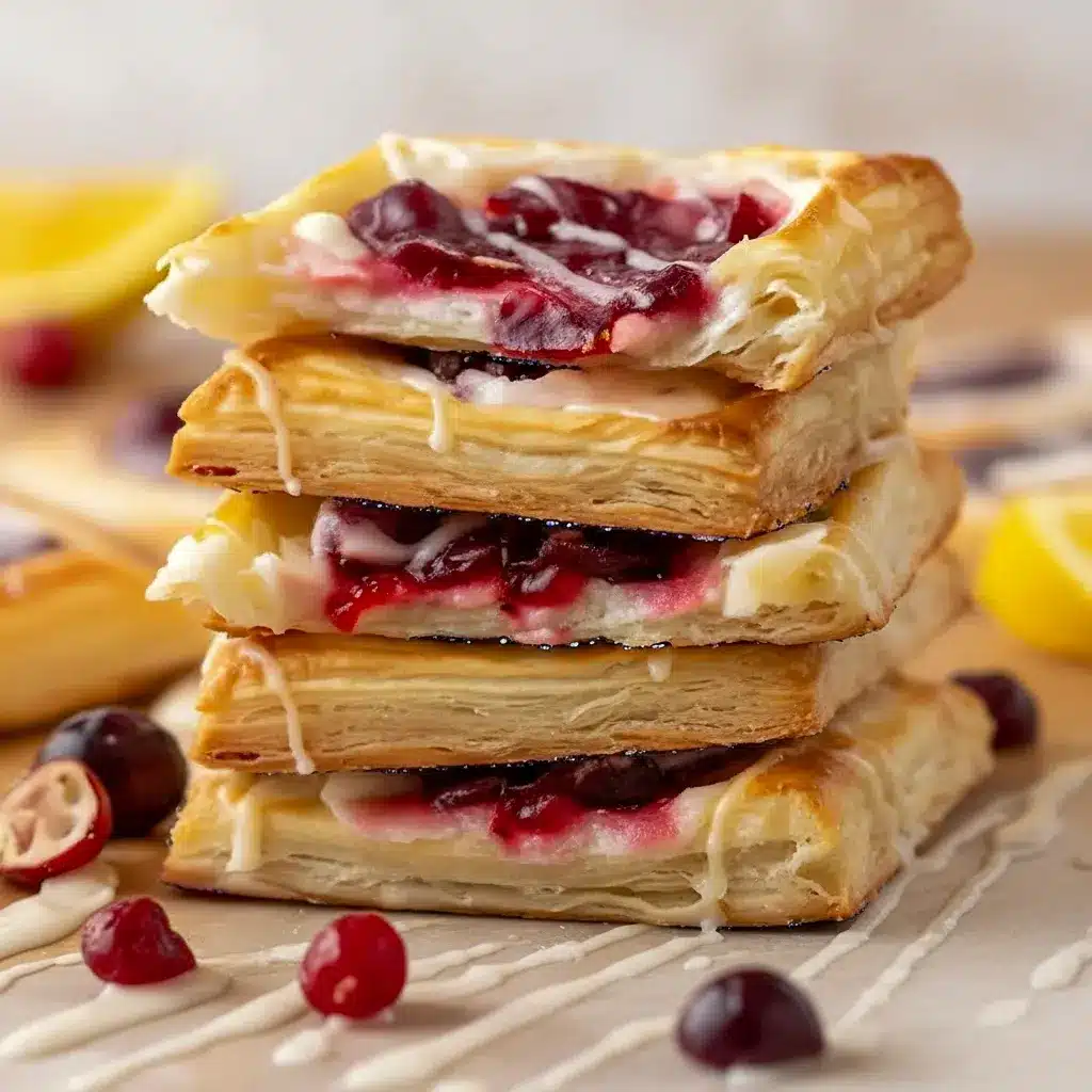 Golden puff-pastry danish filled with creamy cheese and glossy cranberry topping, drizzled with vanilla glaze on a marble board, What To Do With Cranberry Sauce.