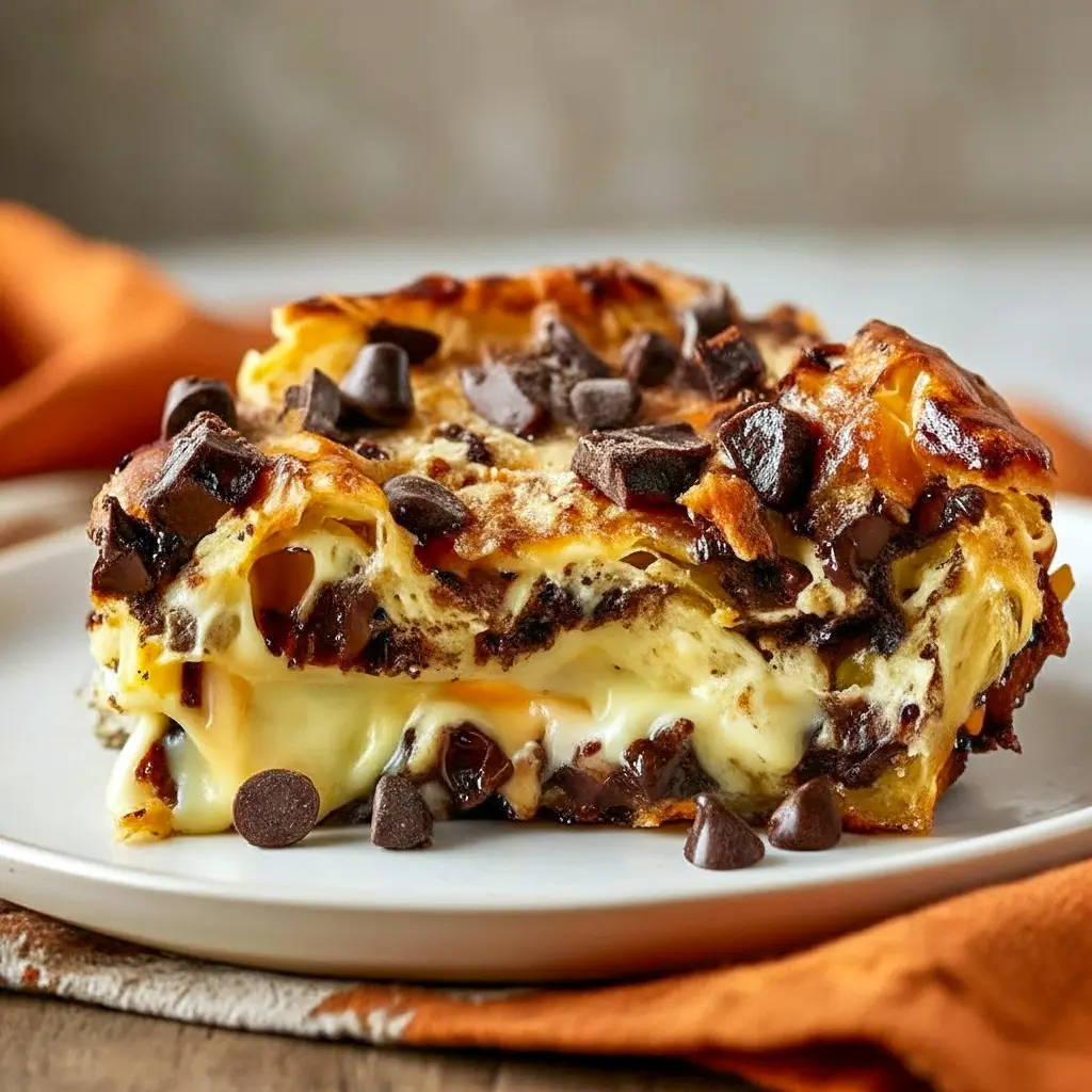 Close-up of a golden, chocolate-studded bread pudding with cream cheese swirls and powdered sugar — showcasing rich Bread Pudding Flavors and a dreamy Bread Pudding With Cream Cheese, ideal for lovers of Bread Pudding Cheesecake or anyone craving an over-the-top Cheesecake Bread Pudding, Flavored Bread Pudding Recipe.