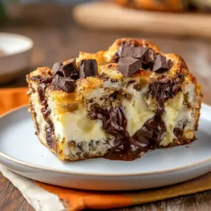 Close-up of a golden, chocolate-studded bread pudding with cream cheese swirls and powdered sugar — showcasing rich Bread Pudding Flavors and a dreamy Bread Pudding With Cream Cheese, ideal for lovers of Bread Pudding Cheesecake or anyone craving an over-the-top Cheesecake Bread Pudding, Flavored Bread Pudding Recipe.