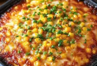 Close-up of a golden Baked Corn Casserole topped with honey glaze and melted cheese, sliced and ready to serve — a delicious Corn Side Dish Recipes example and classic Corn Recipe for holidays.