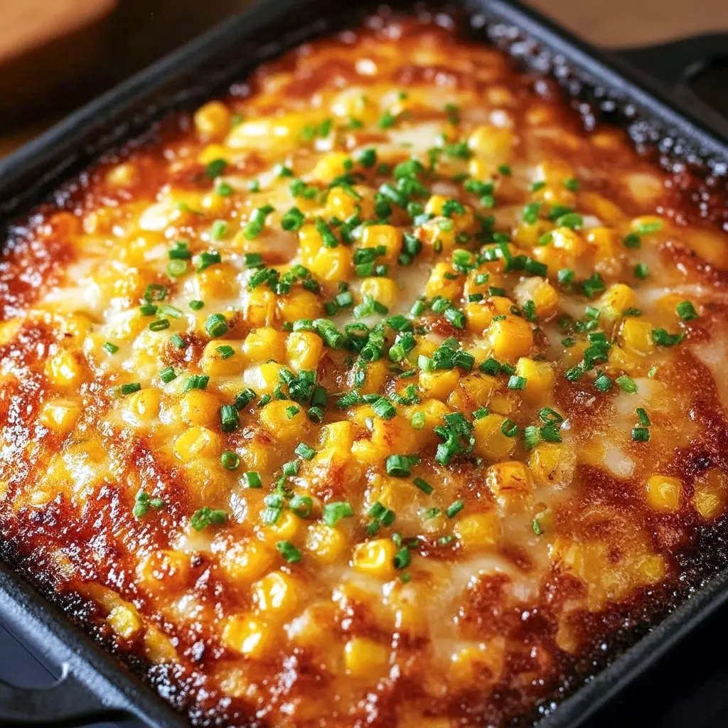 Close-up of a golden Baked Corn Casserole topped with honey glaze and melted cheese, sliced and ready to serve — a delicious Corn Side Dish Recipes example and classic Corn Recipe for holidays.