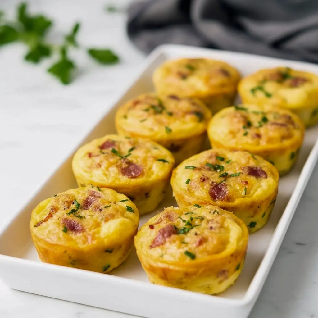 Cottage Cheese Egg Bites Recipe — close-up of golden, baked egg bites in a muffin tin, topped with chopped chives and crispy bacon, ready to serve.