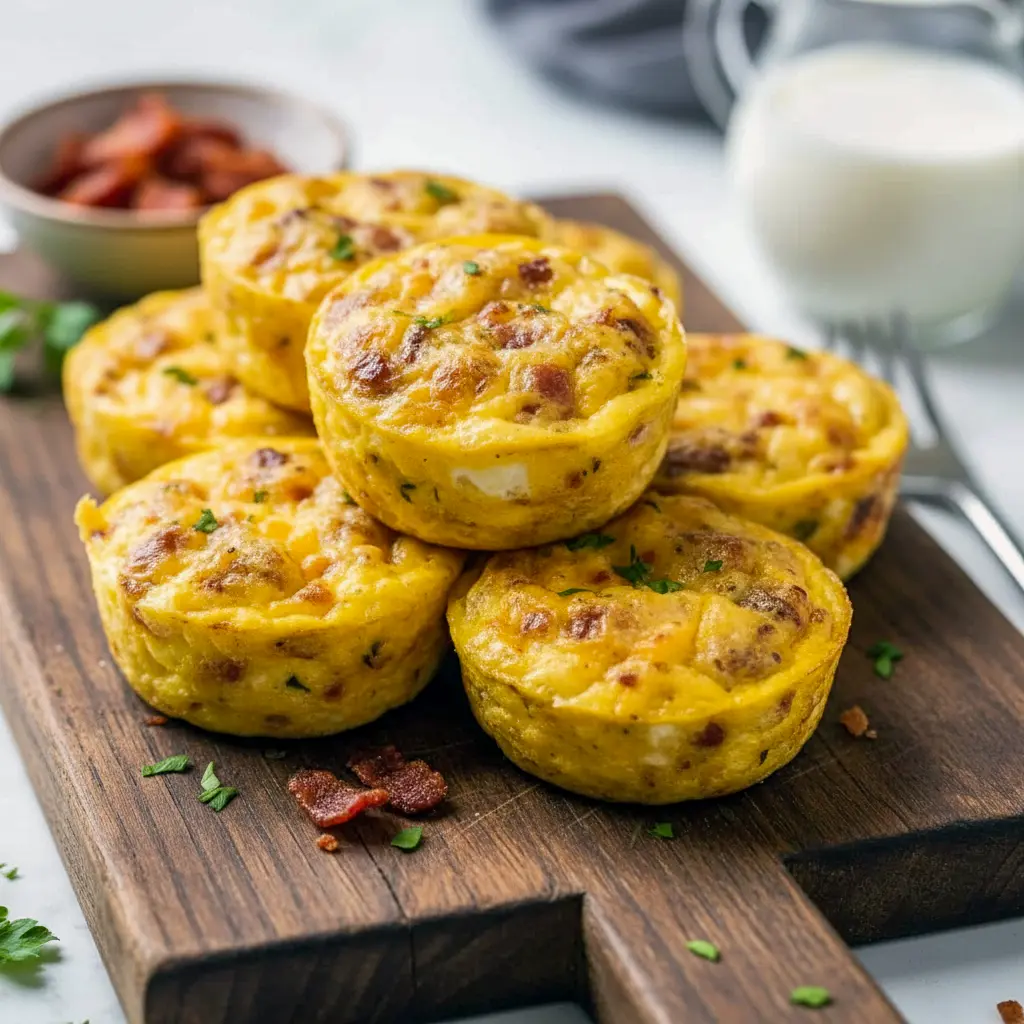 Cottage Cheese Egg Bites Recipe — close-up of golden, baked egg bites in a muffin tin, topped with chopped chives and crispy bacon, ready to serve.