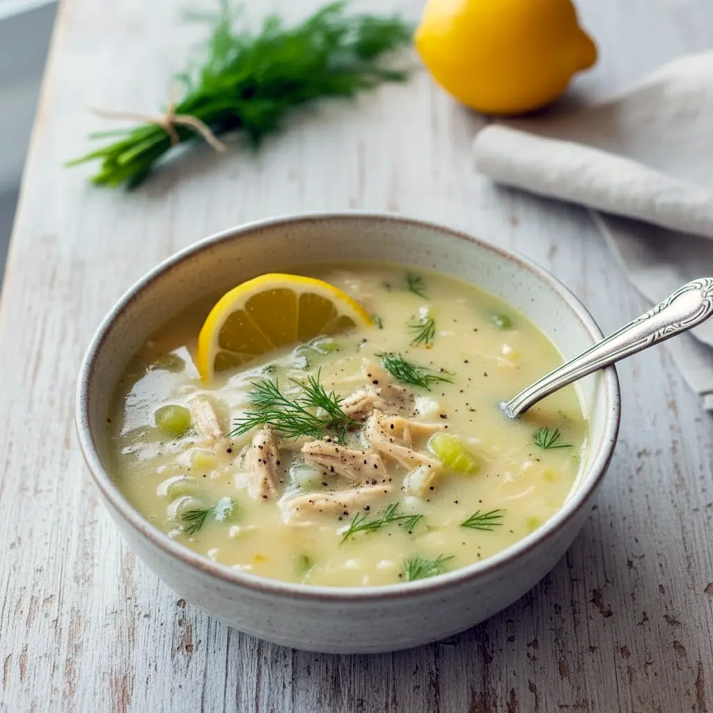 Steaming bowl of Healing Soup (Avgolemono) with shredded chicken, rice, lemon wedge, and a sprinkle of fresh dill — a cozy Avgolemono Soup presentation.