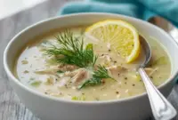 Steaming bowl of Healing Soup (Avgolemono) with shredded chicken, rice, lemon wedge, and a sprinkle of fresh dill — a cozy Avgolemono Soup presentation.