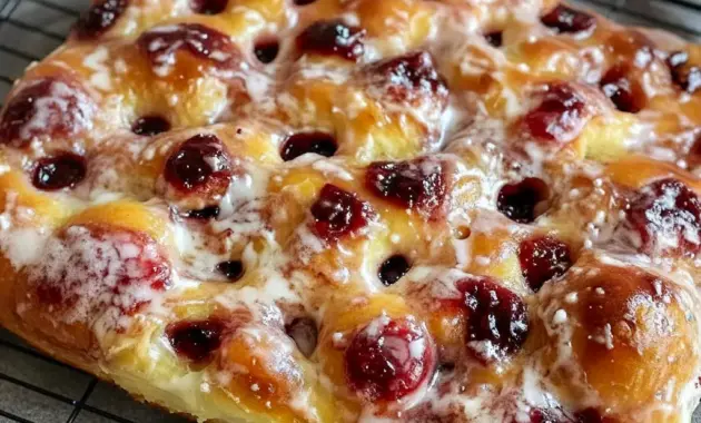 Close-up of a golden, jam-stuffed Focaccia Bread square with glossy fruit filling and a light sugar dusting — a Jam Donut–inspired sweet focaccia ready for brunch.