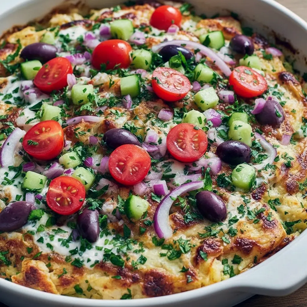Top-down shot of a golden chicken tzatziki casserole topped with creamy tzatziki, crumbled feta, halved tomatoes, Kalamata slices, and chopped parsley; a spoon lifts a portion to reveal fluffy rice and tender chicken, Dump And Bake Casseroles.