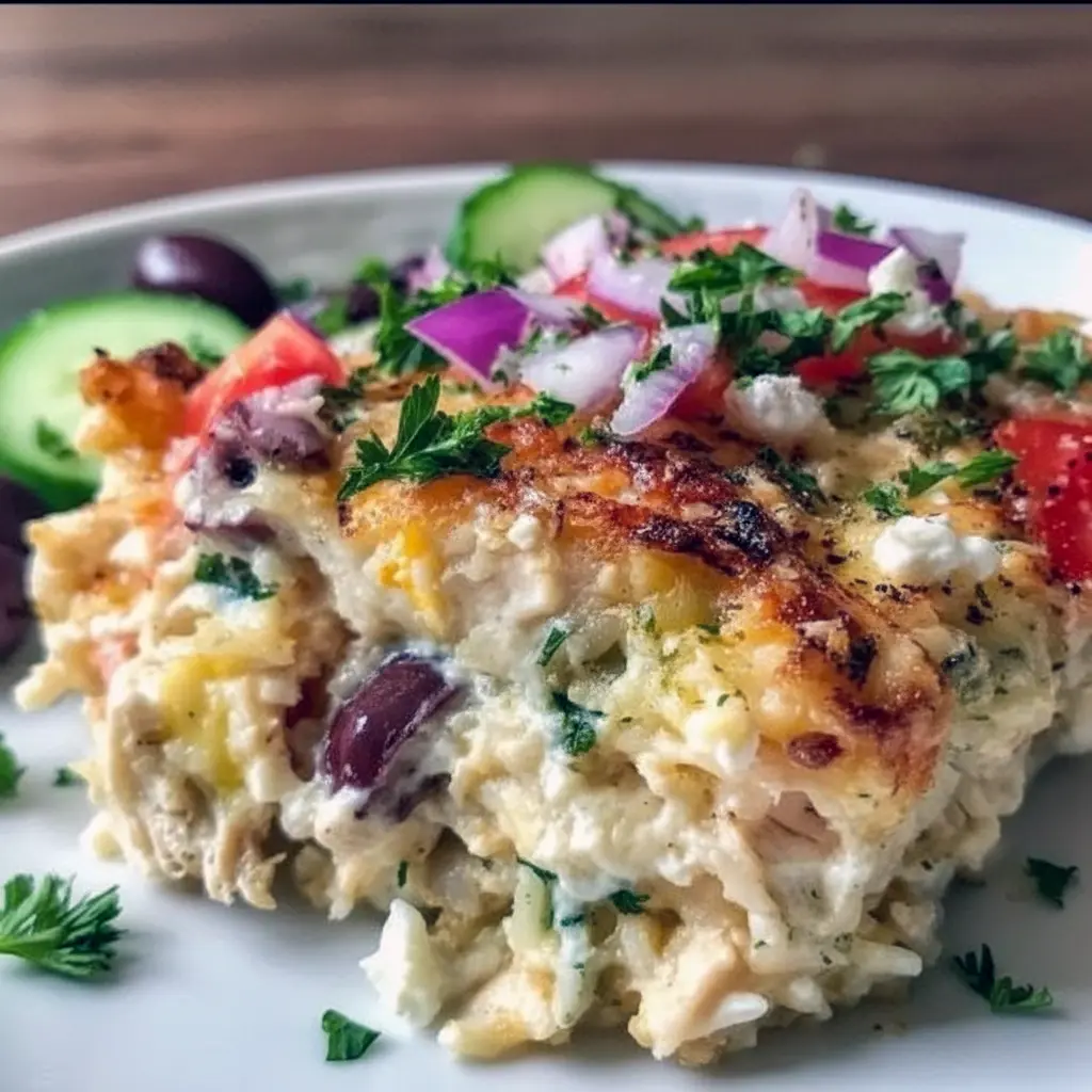 Top-down shot of a golden chicken tzatziki casserole topped with creamy tzatziki, crumbled feta, halved tomatoes, Kalamata slices, and chopped parsley; a spoon lifts a portion to reveal fluffy rice and tender chicken, Dump And Bake Casseroles.