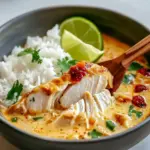 Bowl of coconut chicken with brothy jasmine rice, garnished with cilantro, green onions, and lime wedges.