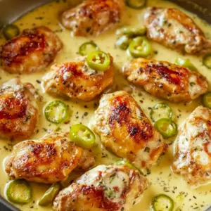 Skillet with golden-seared chicken strips in a creamy Parmesan sauce studded with green pepperoncini and roasted red peppers, garnished with parsley, Creamy Pepperoncini Chicken.