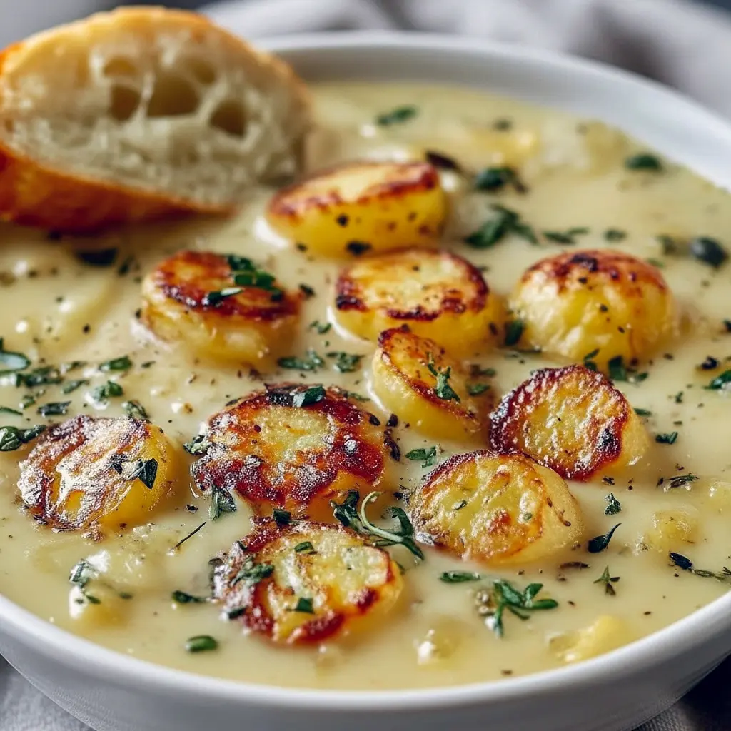 Bowl of creamy roasted garlic soup garnished with thyme and crunchy croutons, served with slices of crusty baguette on a wooden board, Classic French Soups.