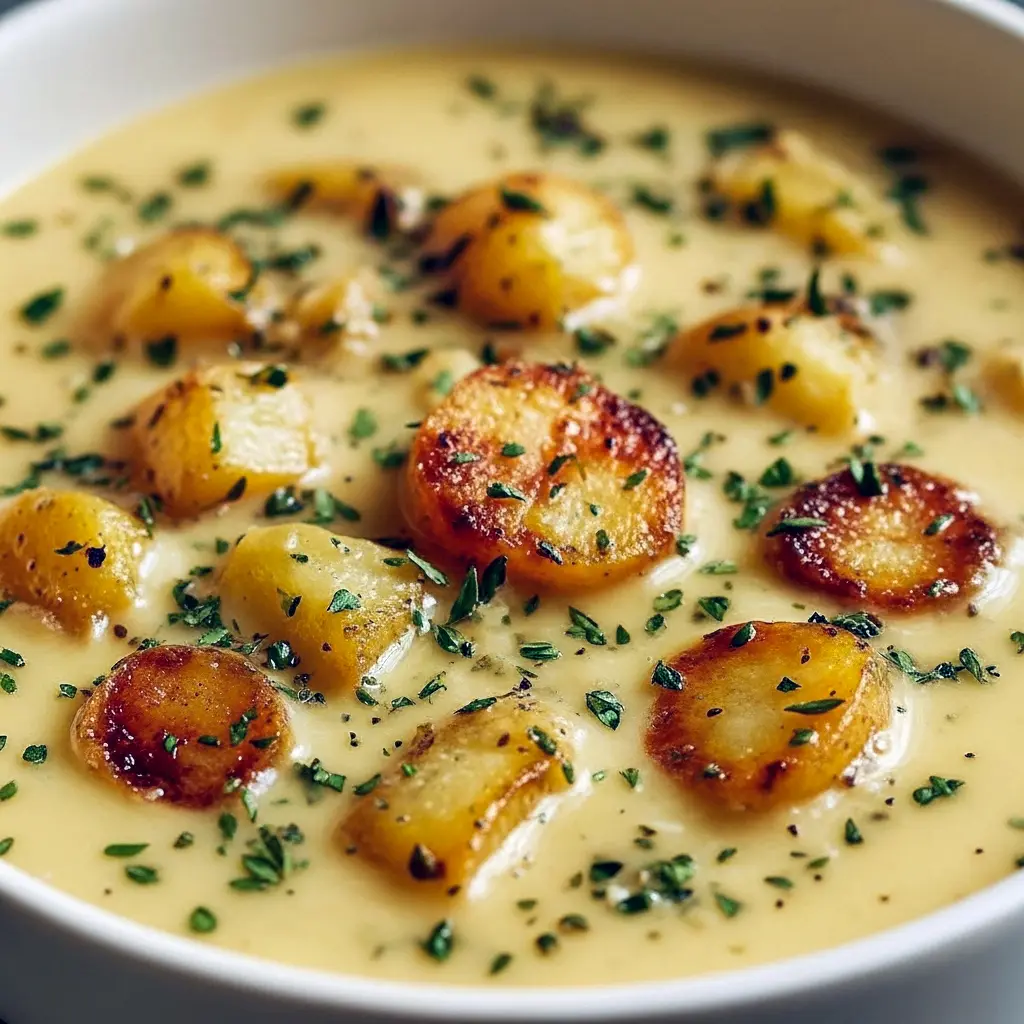 Bowl of creamy roasted garlic soup garnished with thyme and crunchy croutons, served with slices of crusty baguette on a wooden board, Classic French Soups.