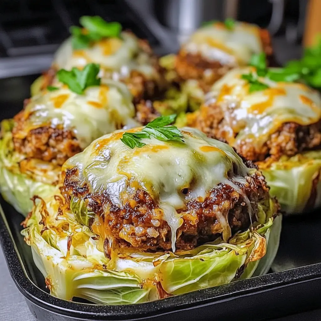 Overhead of a crispy cabbage burger bake: golden-roasted cabbage slices layered with seared patties and melted cheese — a tasty example of Meals With Cabbage and Cabbage Burgers Recipes Easy.