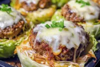 Overhead of a crispy cabbage burger bake: golden-roasted cabbage slices layered with seared patties and melted cheese — a tasty example of Meals With Cabbage and Cabbage Burgers Recipes Easy.