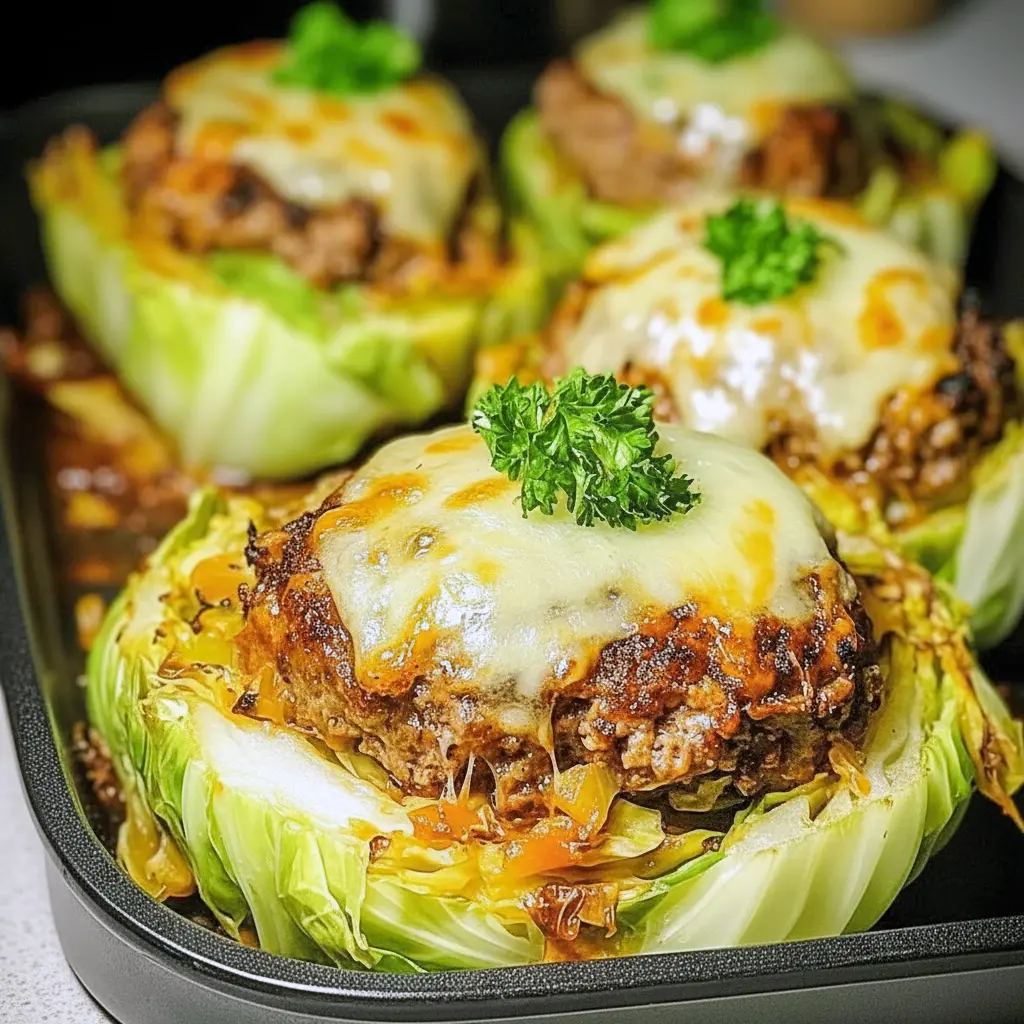 Overhead of a crispy cabbage burger bake: golden-roasted cabbage slices layered with seared patties and melted cheese — a tasty example of Meals With Cabbage and Cabbage Burgers Recipes Easy.