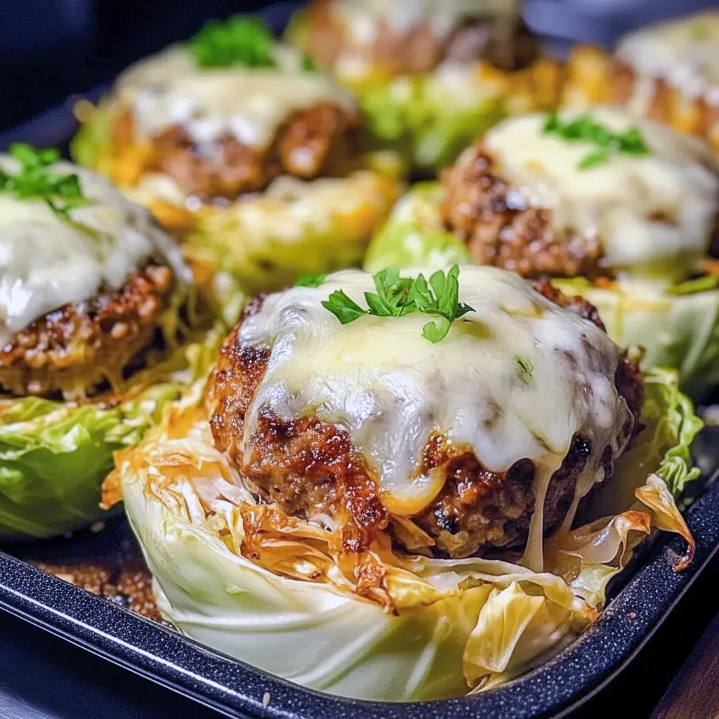 Overhead of a crispy cabbage burger bake: golden-roasted cabbage slices layered with seared patties and melted cheese — a tasty example of Meals With Cabbage and Cabbage Burgers Recipes Easy.