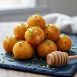 Goat Cheese And Honey Bites — golden fried goat cheese poppers drizzled with honey and sprinkled with chives, a tempting Goat Cheese Honey appetizer on a white platter.