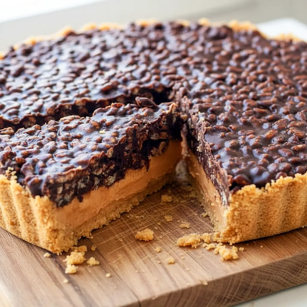 Slice of Chocolate Peanut Butter Crunch Pie showing creamy peanut butter filling and glossy chocolate crackle topped with crispy cereal — a dreamy Crunchy Crust Dessert.