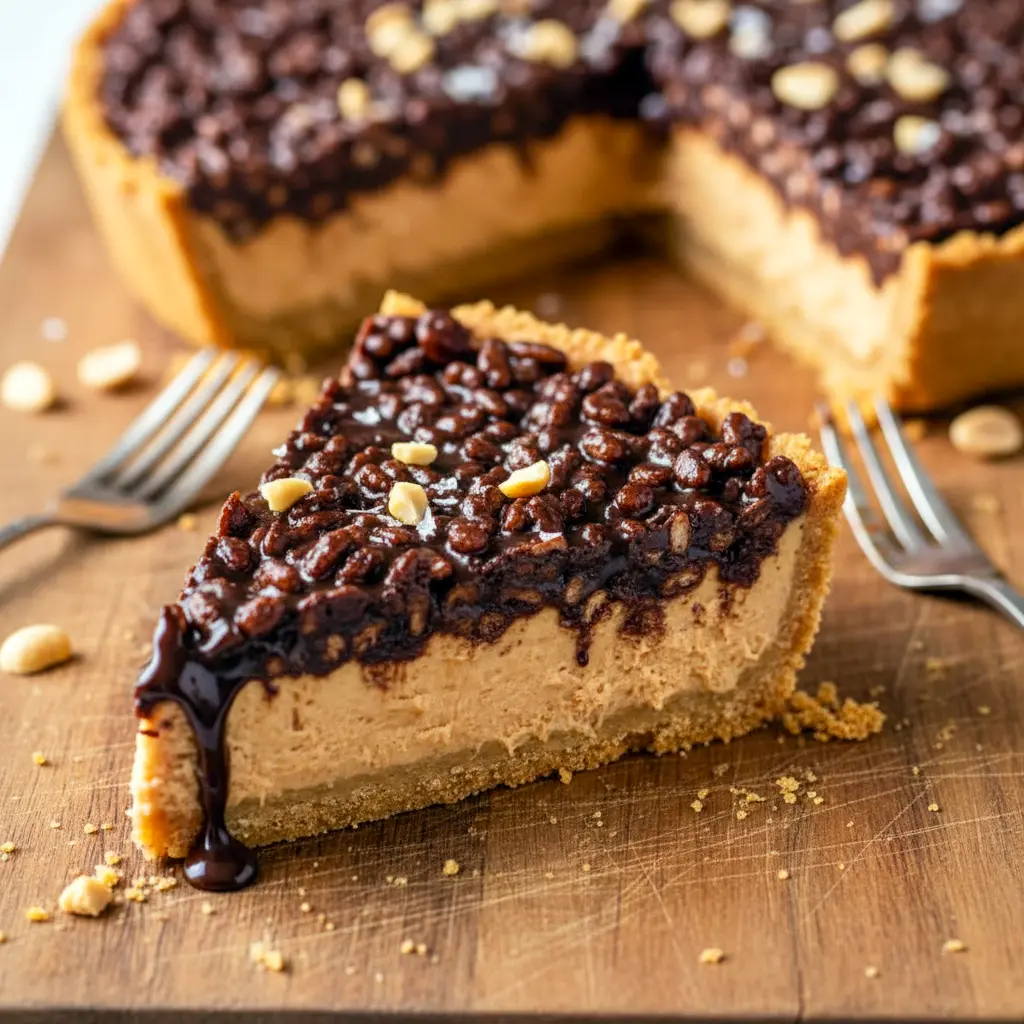 Slice of Chocolate Peanut Butter Crunch Pie showing creamy peanut butter filling and glossy chocolate crackle topped with crispy cereal — a dreamy Crunchy Crust Dessert.