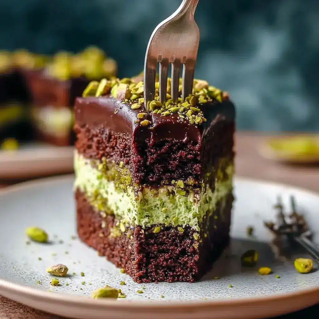 Slice of Pistachio Cake with glossy chocolate ganache, pale green pistachio filling, and toasted kataifi strands — a plated Chocolate Desserts moment.