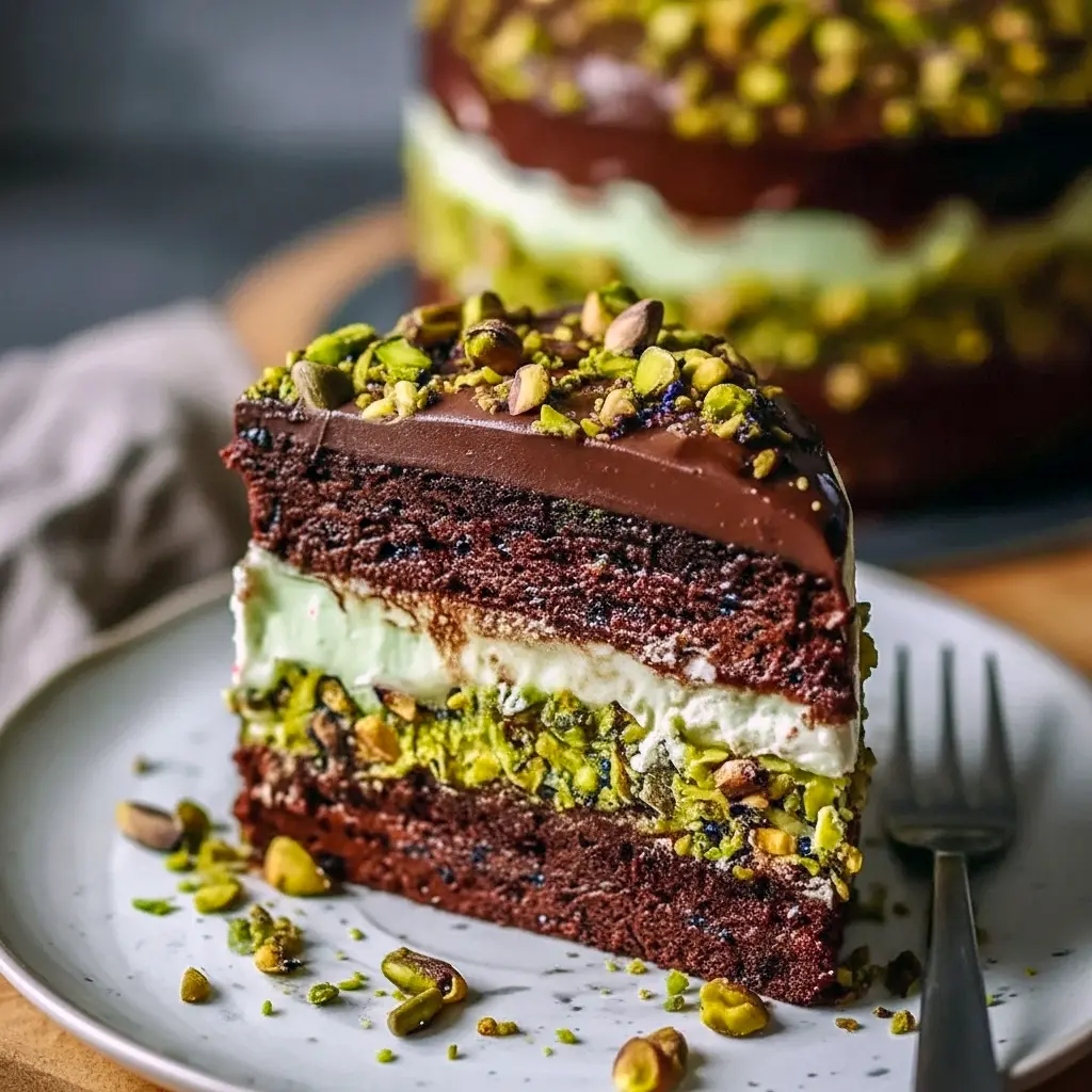 Slice of Pistachio Cake with glossy chocolate ganache, pale green pistachio filling, and toasted kataifi strands — a plated Chocolate Desserts moment.