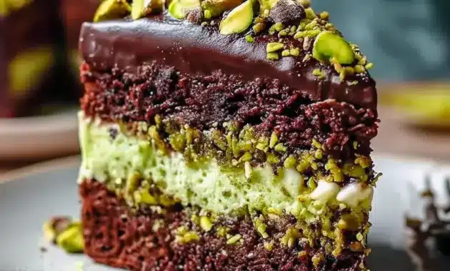 Slice of Pistachio Cake with glossy chocolate ganache, pale green pistachio filling, and toasted kataifi strands — a plated Chocolate Desserts moment.