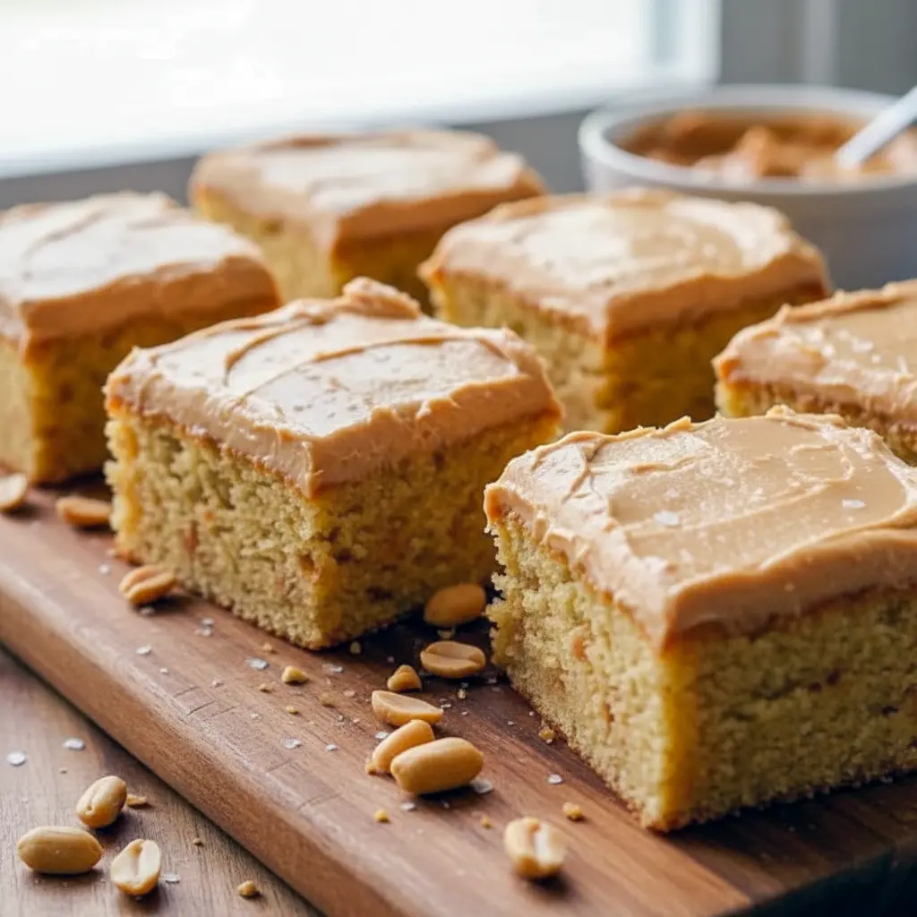 Close-up slice of Peanut Butter Sheet Cake with shiny peanut-butter frosting and a drizzle of fudge, served on a white plate.
