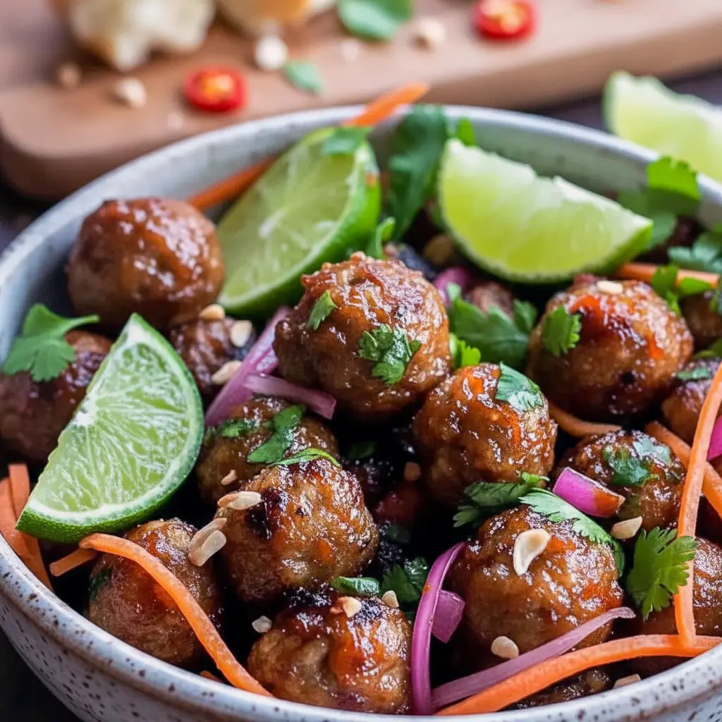 Close-up of glossy Banh Mi Meatballs topped with shredded carrot, cilantro, and sliced jalapeño; a plated example of Vietnamese Meatballs Recipe and savory Vietnamese Meatballs ready to serve.