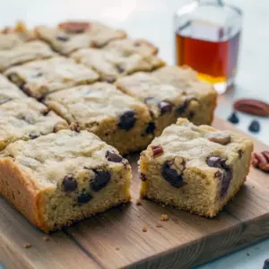 Close-up of warm Bourbon Chocolate Chip Blondies Recipe squares on parchment, gooey chocolate chips visible and a light sprinkle of powdered sugar.