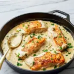 Close-up of golden, pan-seared salmon in a creamy herb sauce over pasta — a delicious Fish And Seafood plate that practically screams I Love Food, Boursin Recipes.