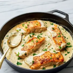 Close-up of golden, pan-seared salmon in a creamy herb sauce over pasta — a delicious Fish And Seafood plate that practically screams I Love Food, Boursin Recipes.