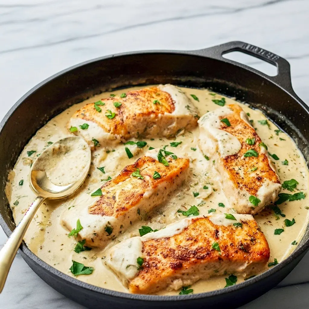 Close-up of golden, pan-seared salmon in a creamy herb sauce over pasta — a delicious Fish And Seafood plate that practically screams I Love Food, Boursin Recipes.