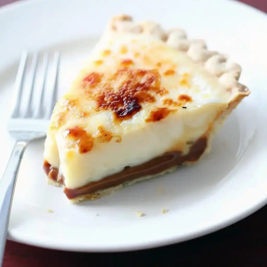 Slice of Caramel Creme Brulee Pie on a white plate, glossy torched sugar top and a ribbon of dulce de leche visible in the filling.