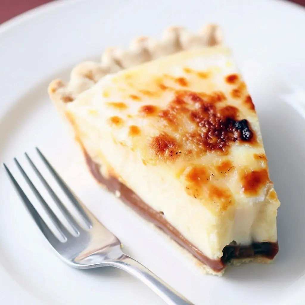 Slice of Caramel Creme Brulee Pie on a white plate, glossy torched sugar top and a ribbon of dulce de leche visible in the filling.