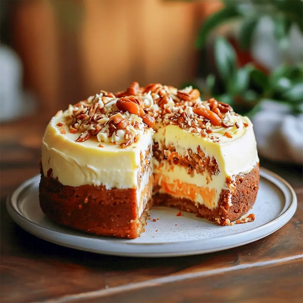 Decadent Cheesecake slice of carrot cake cheesecake on a plate, topped with chopped walnuts and a dollop of whipped cream.