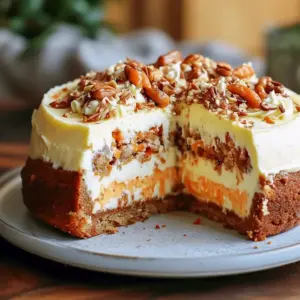 Decadent Cheesecake slice of carrot cake cheesecake on a plate, topped with chopped walnuts and a dollop of whipped cream.