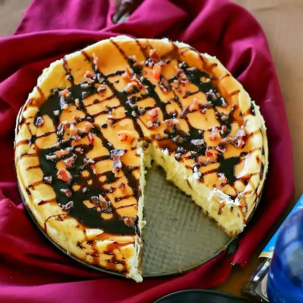 Slice of bourbon-caramel cheesecake on a plate, creamy interior visible, drizzled sauce and chopped crispy bacon on top, fork at the side.