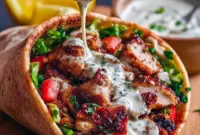 Sliced, charred chicken shawarma drizzled with Chicken Shawarma With Creamy Garlic Sauce and extra Middle Eastern Garlic Sauce, served in a warm pita with tomatoes, cucumbers, and parsley.