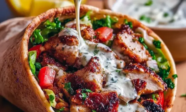 Sliced, charred chicken shawarma drizzled with Chicken Shawarma With Creamy Garlic Sauce and extra Middle Eastern Garlic Sauce, served in a warm pita with tomatoes, cucumbers, and parsley.